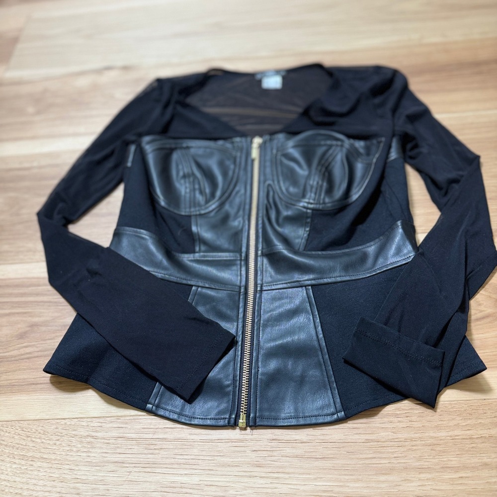 Venus Bustier Blouse Women Medium Black Faux Leather Mesh Long Sleeve Moto Goth